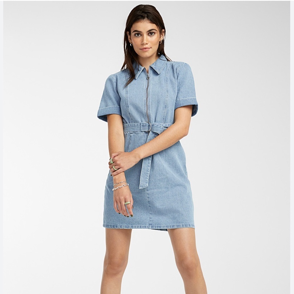 Simon retro Denim Short Sleeve zipper belted Dress size small organic cotton